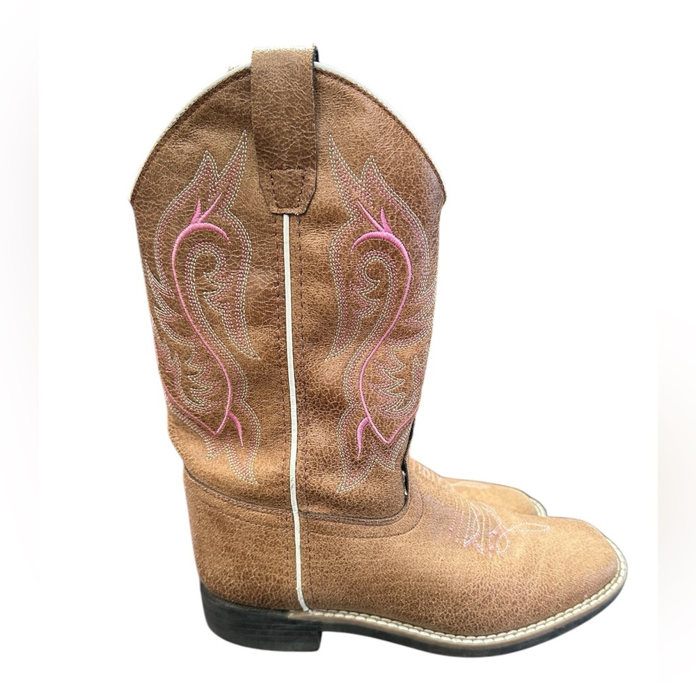 Girls Brown Cowboy Boots with Pink Stitching